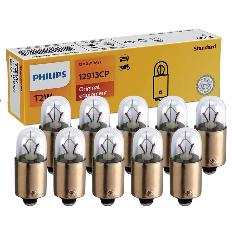 10 Lâmpada Philips Standard T2W 12V Tipo 53 BA9S Lanterna Dianteira T2W, BA9S