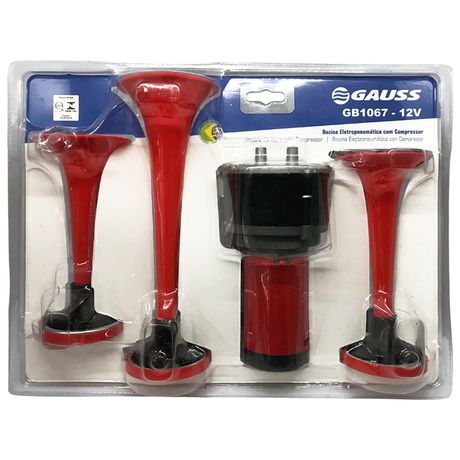 Buzina Eletropneumatica 3 Cornetas Universal 12V Vermelha Gauss GB1067 Universal Automotive