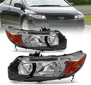 Compatível com conjunto de farol cívico 2006 2007 2008 2009 2010 2011 para Honda Civic 06-11 2 portas Coupe lente transparente caixa preta com farol refletor âmbar par de substituição