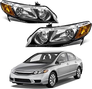 Conjunto de farol para Honda Civic Sedan 2006 2007 2008 2009 2010 2011 Honda Civic Sedan 4 portas preta com refletor âmbar lente transparente substituição LH+RH