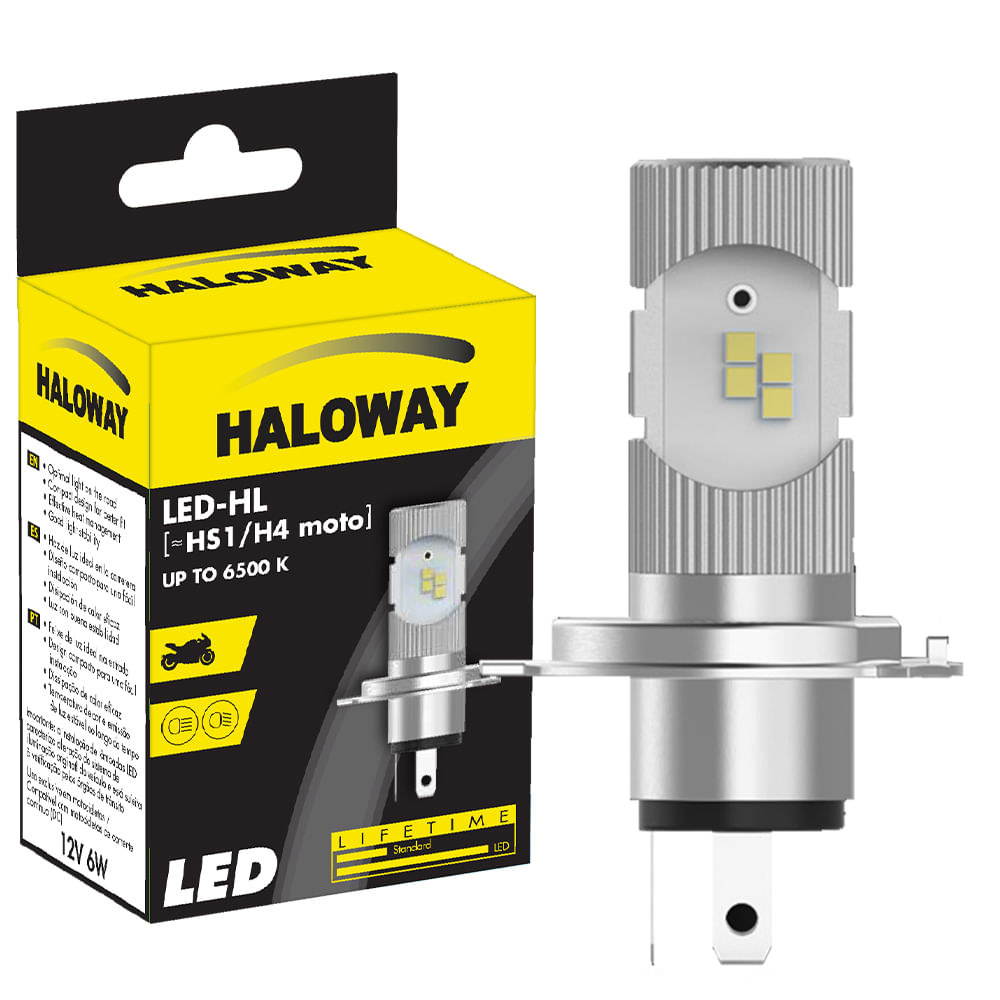 Lâmpada Haloway LED Standard HS1 H4 Moto 12V 6W 6500K P43T 38 Farol