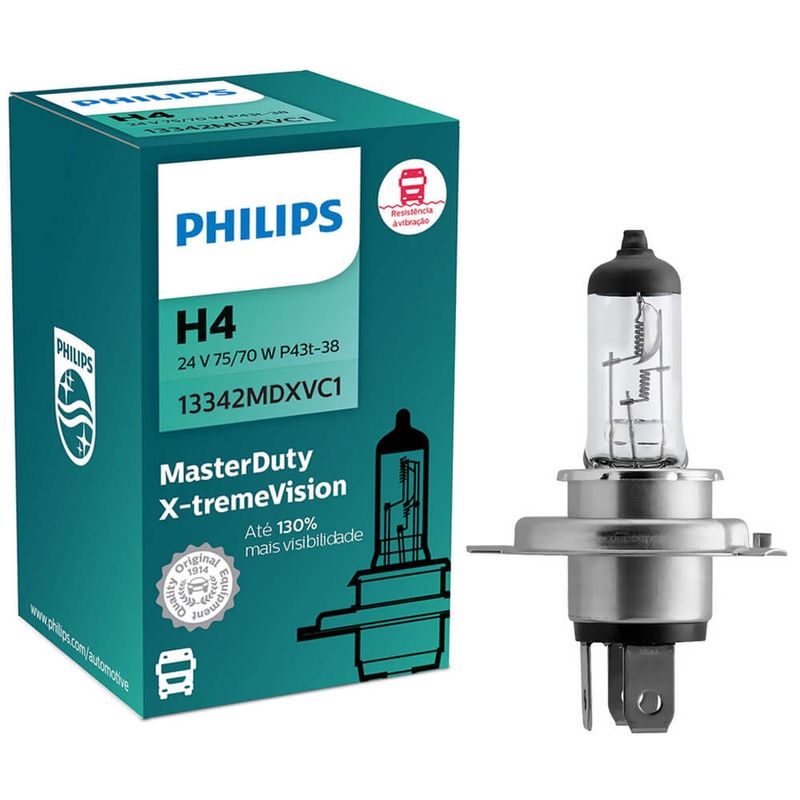 Lâmpada Philips Master Duty Xtreme Vision 75 70W 24V H4 P43T 38 Farol