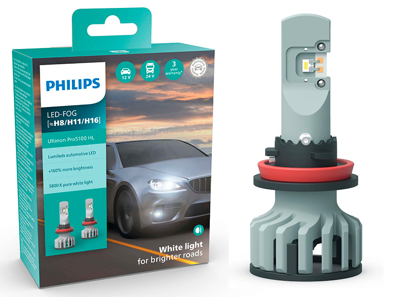 Par Lâmpada Philips LED Ultinon PRO5100 Hl H8 H11 H16 132V 9W Farol PRO5100, H8, H11, H16