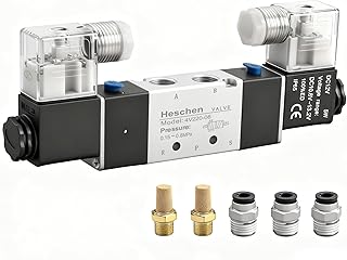 Heschen Válvula Solenoide Elétrica Pneumática 4V220-08 12VDC PT1/4 5 Vias 2 Posições Bobina Dupla Operada por Piloto CE Elétrico com Conexões e Silenciador